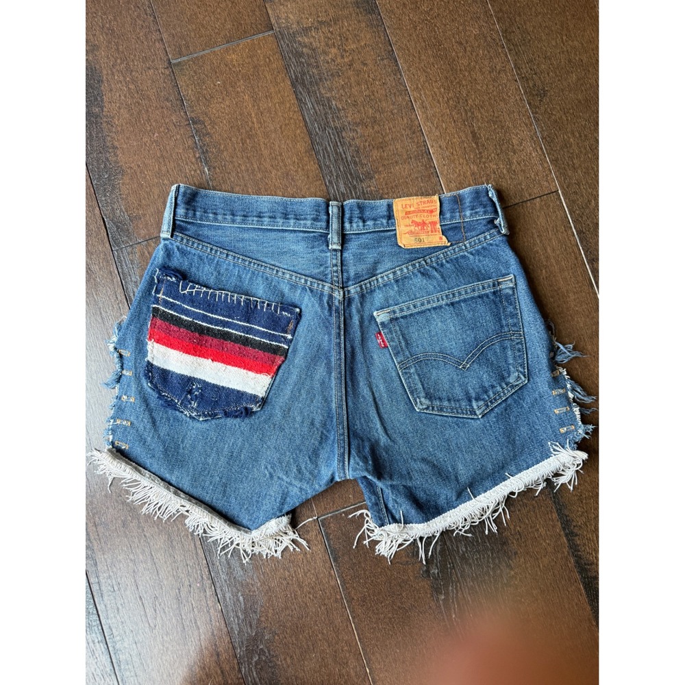 Levis 501 Custom Boho Fringe Denim Shorts Medium Wash Blue W31 Button Fly USA